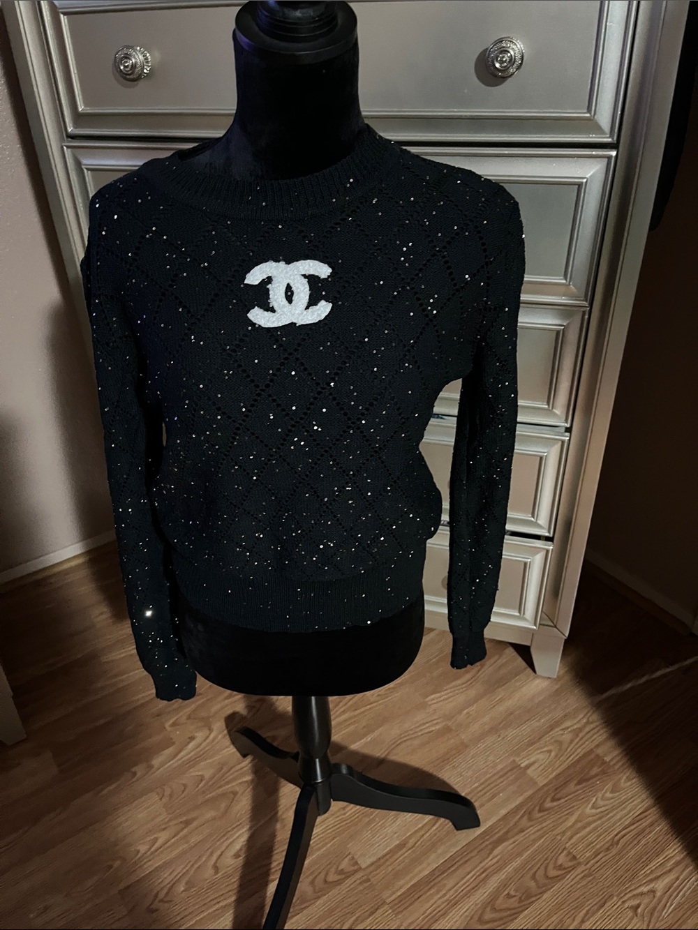 CHANEL Black Crewneck Sweater with White CC Emblem